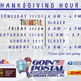 Please have a safe, happy, and blessed Thanksgiving this year. This week on Wednesday, Friday, and Saturday we will be closing after our last carrier pickup so our Shipping Associates can spend time with their families. God bless.