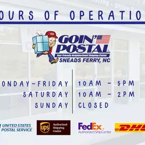 We’ve had to update our hours at Goin’ Postal of Sneads Ferry for the spring season. Looking forward to expanding our hours soon!