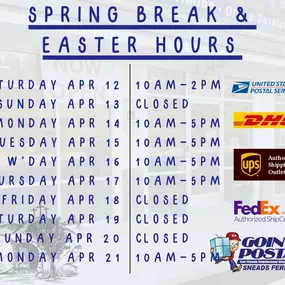 Spring and New Life is in the air. Please enjoy the season with your family and your church. We have some modified hours for the next few days, but if you have any questions at any time please give us a call. Remember- we are your local neighborhood shipping center offering the best shipping and mailing experience in the area (or anywhere really). Come to us for all your UPS, FedEx, USPS, DHL, Freight shipping; document shredding; electronics destruction; and more.