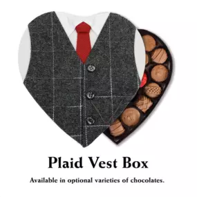 A heart-shaped box of chocolates from Florence's Exquisite Chocolates in Rexburg, ID, designed with a unique plaid vest cover. The packaging resembles a formal suit, featuring a gray plaid vest, white shirt, and red tie, making it an elegant and stylish gift. Inside, the box contains an assortment of premium chocolates, including milk chocolate, dark chocolate, and caramel-filled confections. This sophisticated and creative presentation highlights Florence’s Chocolates as an ideal gift for speci