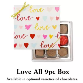 A charming 9-piece box of chocolates from Florence's Exquisite Chocolates in Rexburg, ID, designed for Valentine's Day. The 