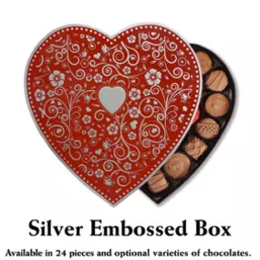 A beautifully designed heart-shaped box of chocolates from Florence's Exquisite Chocolates in Rexburg, ID. The 