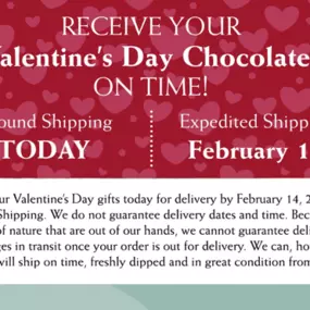 This is a digital marketing graphic designed to encourage customers to purchase Valentine's Day chocolates from Florence's Exquisite Chocolates in time for the holiday. The graphic uses a festive color scheme of reds and pinks with a heart pattern to evoke the Valentine's Day theme. The central message focuses on ensuring timely delivery of chocolates, highlighting two shipping options with deadlines.