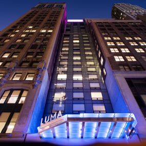 Photo of exterior view of Luma Hotel Times Square, locaed 1/2 block from both Times Square and Bryant Park.