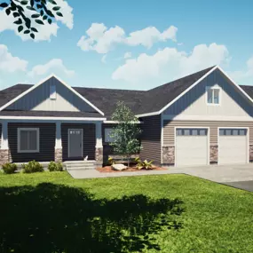 The image shows a single-story house with a modern design, featuring a combination of Craftsman and Country architectural styles. The house has a dark gray roof with light gray and beige siding, complemented by stone accents on the lower part of the exterior walls. The front entrance is centered, with a small porch and a white door. There are three garage doors on the right side of the house, indicating a three-car garage. An orange car is parked in the driveway. The house is surrounded by a wel