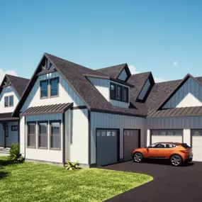 The image shows a modern, two-story house with a combination of Ranch, Craftsman, and Country architectural styles. The house features a white exterior with dark trim and a dark gray roof. There are multiple gables and dormer windows, adding to the architectural interest. The house includes a three-car garage, with an orange car parked in front of one of the garage doors. The surrounding area is landscaped with green grass, trees, and a paved driveway leading to the garage. The sky is clear with