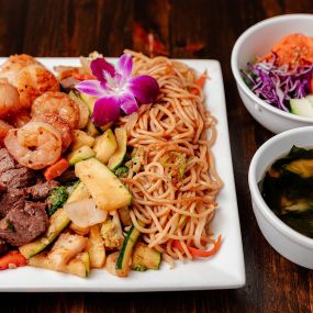 Hibachi Combo Steak Scallop With Fried Noodle at Wakatobi Japanese Grill Hibachi and Sushi