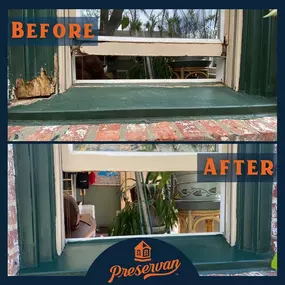Before and after wood rot repair on window with Preservan.