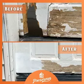 Before and after wood rot repair on door with Preservan.