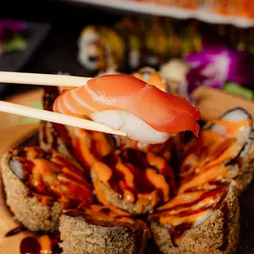 Nigiri Sake With Volcano Roll at Wakatobi Japanese Grill Hibachi and Sushi