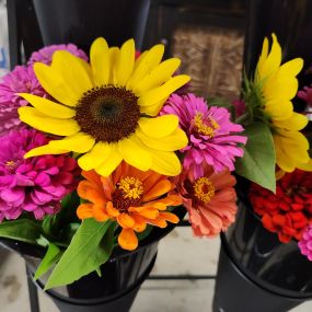 Fresh cut sunflowers and zinnias.