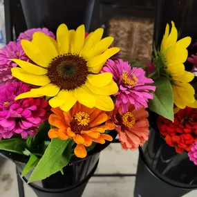 Fresh cut sunflowers and zinnias.