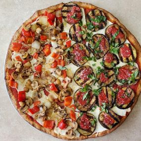 Whole Wheat Crust with Half Roasted Veggies & Half Char-grilled Eggplant Pizza