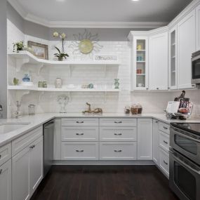 Kitchen Remodel including open shelves & white Showplace Cabinetry