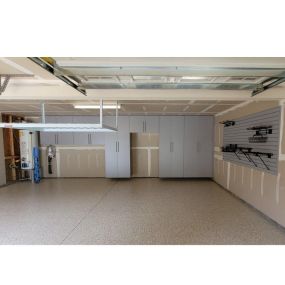 Maximize every inch of your garage with our smart storage solutions like slatwall, overhead rack and custom cabinets! Nothing like that clean floor sparkle when you upgrade your garage with cutting edge polyaspartic flooring, a commercial grade epoxy floor