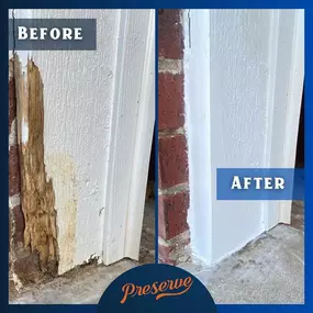 Before and after of wood rot repair on door frame with Preservan