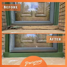 Before and after wood rot repair on door frame with Preservan