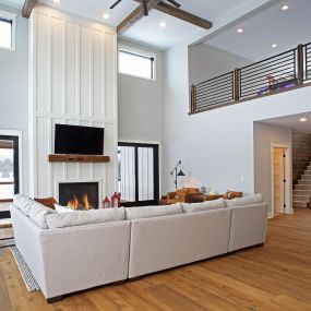 Modern Farm House Great Room. Board & Baton Fireplace.