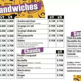 Voici notre carte de Sandwiches et Snacks. 

N'hésitez pas à passer commande au 0471 67 89 24.