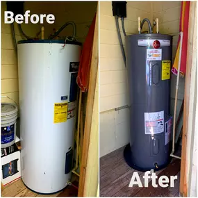 Before and after of a water heater replacement performed by the Bert Norman's Plumbing team in Yulee, FL.