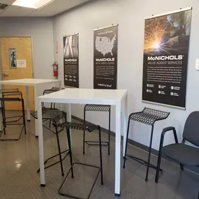 Chairs and tables made with perforated metal at McNICHOLS' Cerritos location