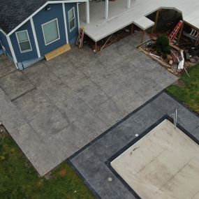 Roman Slate stamped new concrete, Ashler Slate stamped overlay pool surround.