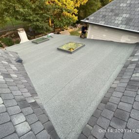 A low pitch roof slope requires the correct roofing material in order to prevent unnecessary future leaks. Here we have installed a 2-ply modified bitumen rolled roof. We flashed all walls, skylights and slopes with great attention to details. Though these are the smallest details, there are the mos