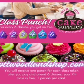 Over the Top Cake Supplies class punch card- 
You will receive one punch for each class taken, after you pay and attend 6  lasses, your 7th class is free. 1 person per card!