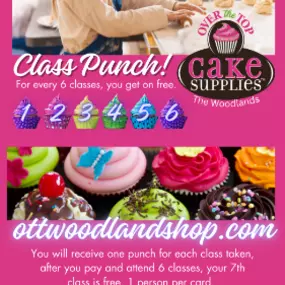 Over the Top Cake Supplies class punch card- 
You will receive one punch for each class taken, after you pay and attend 6  lasses, your 7th class is free. 1 person per card!