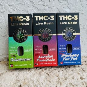 Also added to our lineup are the new No Cap THC-3 products, a combination of three forms of THC. Not to be confused with Delta 3 THC, these got their name from the fact that 3 different potent cannabinoids: 
Delta 8 THC - THCP - HHC are combined in the same cart.The carts are available in three versions. Slurricane (Indica) - London Pound Cake
(Hybrid) - Blueberry Yum Yum (Sativa)