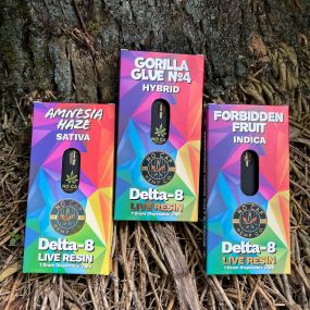 Delta NoCap D8 Live Resin disposables come in 4 potent, amazing strains – Amnesia Haze, Gorilla Glue No 4, Durban Poison, and Forbidden Fruit