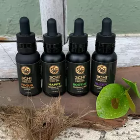 The 3 CHI proprietary CBD blends of broad-spectrum hemp extracts with various terpenes designed for soothing relief, sleep, focus and fun, they are all packed with minor cannabinoids cannabinoids, natural hemp terpenes, and low-carbon MCT oil.