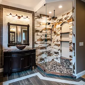 Beautiful bathroom remodel bringing in the colors from the Black Forest area in Colorado Springs.