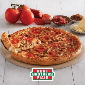 Hunt Brothers® Pizza Lotsa Meat Pizza® on your choice of Original Crust or Thin Crust. Lotsa Meat Pizza® is topped with mouth-watering Italian sausage, savory beef, tender bacon, and zesty pepperoni.