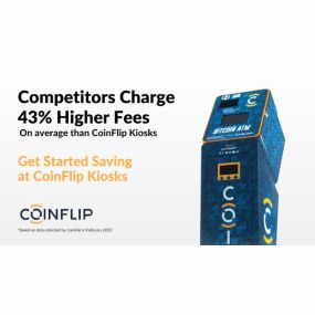 A CoinFlip Bitcoin ATM with display screen, QR camera reader and cash intake slot against a white background.