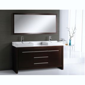 All wood double vanity with wenge veneer, floor standing with quartz top and ceramic vessel sinks. Includes quartz backsplash. Matching mirror included.  Glossy white is no longer available in 60