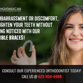 Let your smile get noticed not your braces. Straighten your Crooked teeth without being noticed with Invisible Clear braces. Look and feel your best with Invisible Braces, get in touch with our orthodontist at Singh Smile Care!