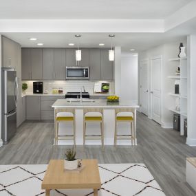 The B8 floor plan with built-in shelving at Camden Atlantic apartments in Plantation, Florida.