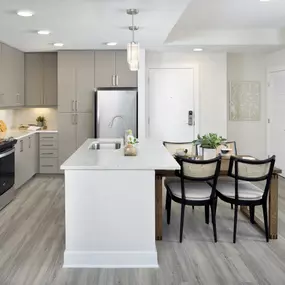 Kitchen with modern latte color cabinetry, stainless steel appliances, quartz countertops, undermount sink, and glossy tile backsplash