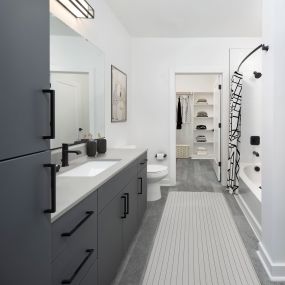 Bathroom with mixed design modern finishes featuring plank-style flooring, matte black hardware, and walk-in closet at Camden NoDa in Charlotte North Carolina