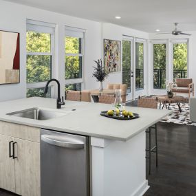 Natural modern kitchen overlooking living area at Camden Noda in Charlotte, NC