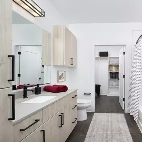 Natural Modern Bathroom with matte black hardware and bathtub and shower combination with tile surround at Camden NoDa in Charlotte North Carolina