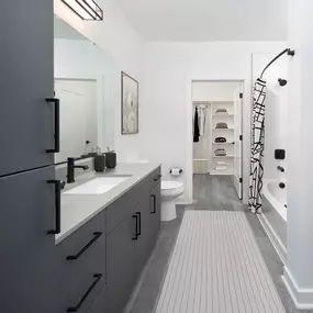 Bathroom with mixed design modern finishes featuring plank-style flooring, matte black hardware, and walk-in closet at Camden NoDa in Charlotte North Carolina