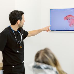 Dr. Anthony Pallotto showing patient her mouth