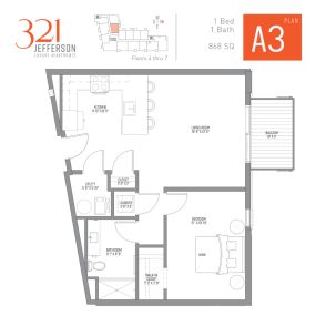 321 Jefferson One Bedroom Floor Plan A3 868 Sq Ft