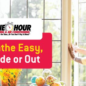 Woman standing in front of open door with a lot of sunlight reflecting and overlay text that says Breath easy,,, Inside or out and the One Hour Logo | One Hour Heating & Air Conditioning |  Proudly serving  Cedar Park, Leander, Liberty Hill, & Lago Vista, TX and surrounding areas