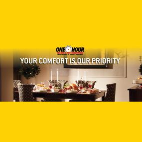 Background photo of a dining room and table that is decorated and covered with food and overlay text that says Your Comfort is Our priority | One Hour Heating & Air Conditioning |  Proudly serving  Cedar Park, Leander, Liberty Hill, & Lago Vista, TX and surrounding areas