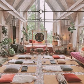 Sanctuary space setup for group sound healing meditation journey in northern california