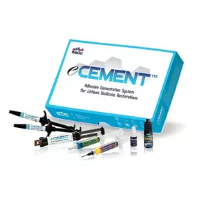 eCEMENT is a resin cementation system designed to simplify the placement of lithium disilicate (e.g. IPS e.max®*) restorations. Lithium disilicate is a silica-based glass ceramic available in pressed and milled forms, with both high and medium opacities, and high and low translucencies. The eCEMENT system contains both light-cure, and dual-cure resin cement, ensuring that all of your lithium disilicate restorations will have exceptional retention and esthetics. The eCEMENT system may also be use