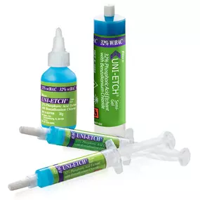 Uni-Etch w/BAC is a 32% phosphoric acid semi-gel etchant that is effective at quickly etching enamel and dentin. Uni-Etch w/BAC is polymer-thickened and effectively removes the smear layer, etches and demineralizes enamel and dentin. It is easily manipulated into small areas such as endodontically treated root canals and undercuts. This makes it more versatile than some thicker gel etchants for etching all restorative surfaces. Published research proves that BISCO etchants produce higher bond st